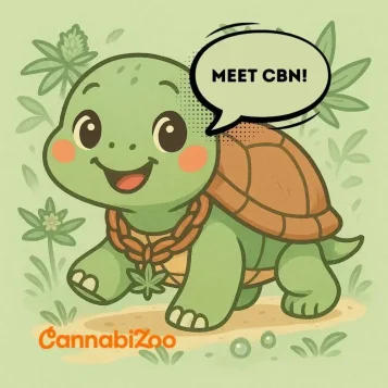 Turticuță drăguță cu balon: „Fă cunoștință cu CBN!”, logo Cannabizoo Turticuță drăguță cu balon: „Fă cunoștință cu CBN!”, logo Cannabizoo