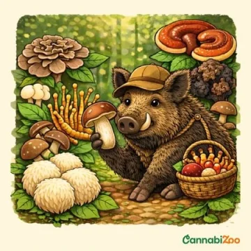 Que sont les champignons médicinaux : sanglier dessiné dans la forêt et reishi, cordyceps, chaga, lion’s mane, maitake et shiitake