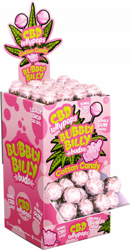 Bubbly Billy Buds 10 mg CBD suikerspinlollies met kauwgom erin – displaycontainer (100 lollies), 2000 g