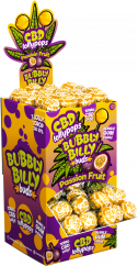 Bubbly Billy Buds 10 mg CBD golgotagyümölcs nyalók, belül rágógumival – Kijelző tartály (100 nyalóka), 2000 g