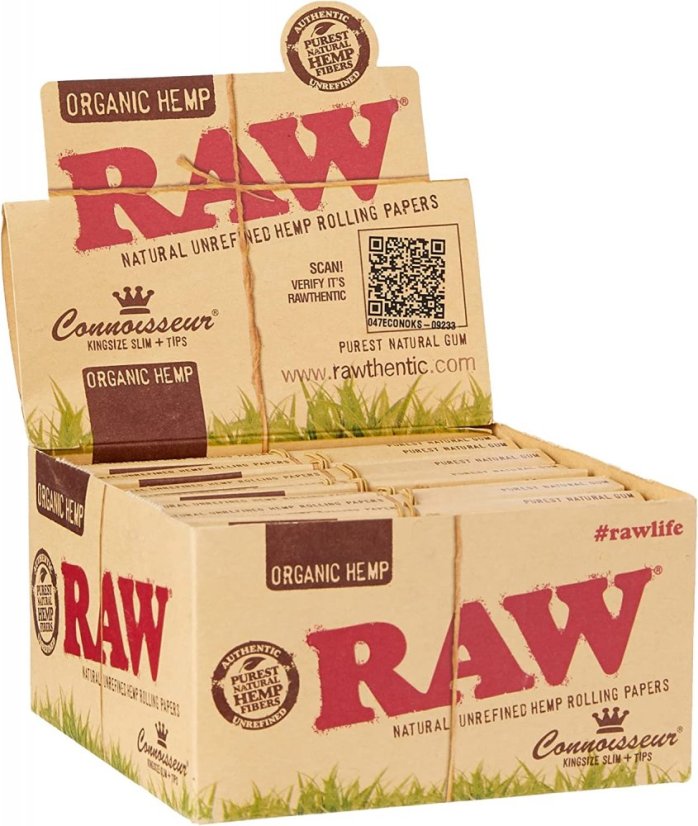 RAW Papeles de fumar de cáñamo orgánico CONNOISSEUR KingSize Slim sin refinar + TIPS - Caja, 24 piezas