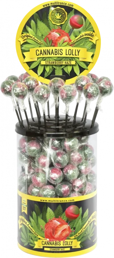 Pirulitos de Cannabis Strawberry Haze – Recipiente de Exibição (100 Pirulitos), 1800 g
