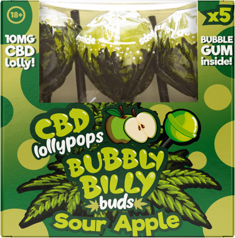 Bubbly Billy Buds 10 mg CBD Saure Apfel Lutscher mit Kaugummi im Inneren – Geschenkbox (5 Lutscher)