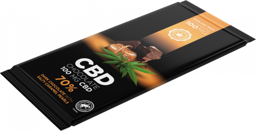 Chocolat noir au CBD avec perles de caramel salé (100 mg de CBD), 15 barres en carton, 1500 g