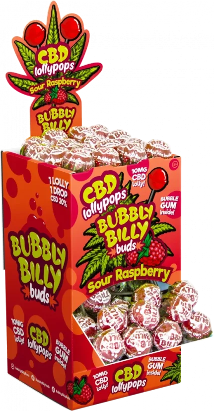 Bubbly Billy Buds 10 mg CBD savanyú málna nyalókák, belül rágógumival – Kijelző tartály (100 nyalóka), 2000 g