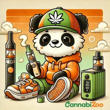 Panda in a hat with a hemp leaf and orange sweatshirt holding a vaporizer pen and a portable (pocket) vaporizer next to it, complete with CannabiZoo logo
