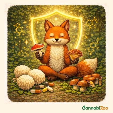 Un renard dessiné assis dans la forêt, tenant des champignons médicinaux dans ses mains et entouré d'eux, avec un bouclier derrière lui