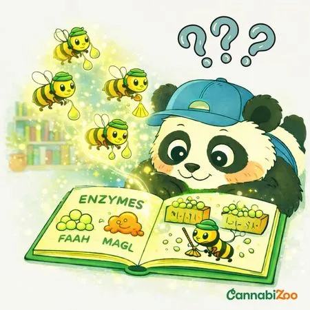 Dans le livre, le panda explore les enzymes FAAH et MAGL, qui sont comme des abeilles. Une illustration expliquant comment les enzymes décomposent les endocannabinoïdes dans le SEC ; le logo CannabiZoo est en bas à droite