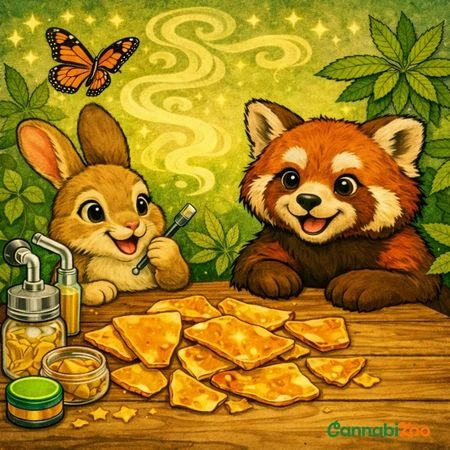 Zajíc a panda sedící u stolu s shatterem, nahoře motýl, vpravo dole logo CannabiZoo