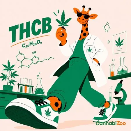 CannabiZoo stiliaus iliustracija – žirafos mokslininkas pristato THCB kanabinoidą laboratorijoje, žaismingas piešinys straipsniui, paaiškinančiam, kas yra THCB, jo poveikį ir savybes