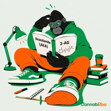 Gorilla is studying endocannabinoids—anandamide (AEA) and 2-A—how the endocannabinoid system (ECS) works, and signal transmission in the body; the CannabiZoo logo is at the bottom right