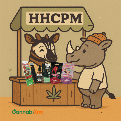 Илюстрирани окапи и носорог пред щанда с продукти HHCPM от Canntropy