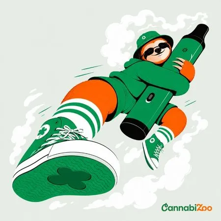 Illustratie in CannabiZoo-stijl van een luiaard die een draagbare verdamper omhelst