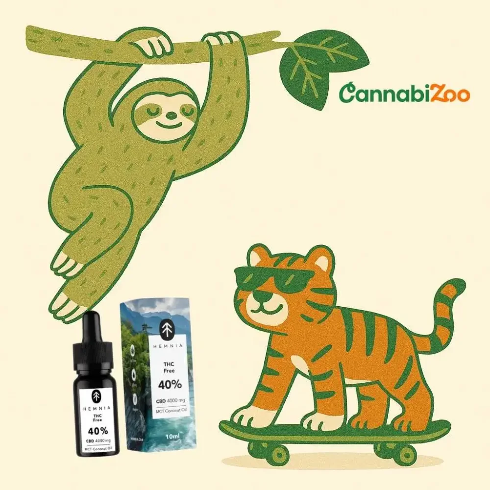 Sloth on a branch, Hemnia CBD oil broad spectrum and tiger on a skate