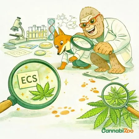 Une illustration de scientifiques dans un décor façon zoo étudiant le SEC — quand le système endocannabinoïde a été découvert et comment il fonctionne dans le corps ; le logo CannabiZoo est affiché en bas à droite