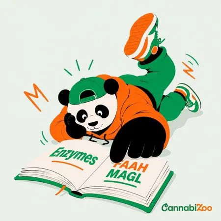 In the book, the panda examines the enzymes FAAH and MAGL and how they break down endocannabinoids in the ECS; the CannabiZoo logo is at the bottom right