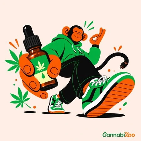 En chimpanse, der holder CBD-olie, med CannabiZoo-logoet i nederste højre hjørne