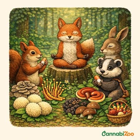 Des animaux dessinés dans la forêt, entourés de champignons médicinaux, logo CannabiZoo en bas à droite