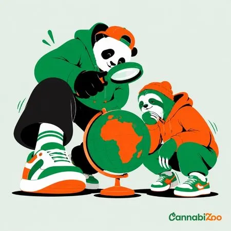 Panda kaže na južno Afriko na globusu, od koder izvira kanna, poleg lenivca, spodaj desno logotip CannabiZoo