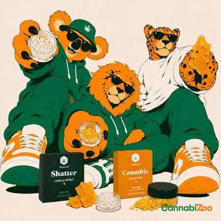 Ilustração de um coala, leão e guepardo com vários concentrados e extratos de cannabis, incluindo shatter, crumble e cristais de cannabis, mostrando os tipos mais comuns de concentrados de cannabis