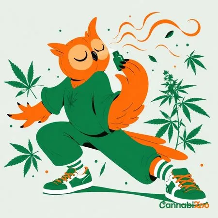 En tecknad uggla luktar på cannabisextrakt; cannabisblad som innehåller terpener; CannabiZoo-logotypen i nedre högra hörnet