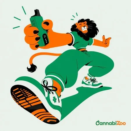 Ilustración al estilo CannabiZoo de un león sosteniendo con confianza un vaporizador, representando el vapeo moderno y la elección del mejor vaporizador