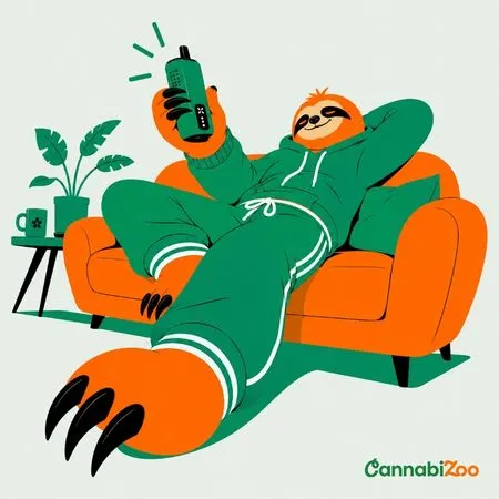 Ilustración al estilo CannabiZoo de un perezoso relajándose en un sofá con un vaporizador, obra lúdica que acompaña una guía sobre cómo elegir el mejor vaporizador