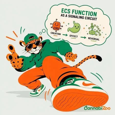 An illustrated leopard wearing a sweatshirt with a thought bubble explaining how the ECS works, depicting the signaling cycle “origin → effect → termination”; the CannabiZoo logo is at the bottom right