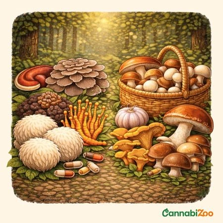 Image illustrative montrant la différence entre les champignons médicinaux et comestibles, logo CannabiZoo en bas à droite