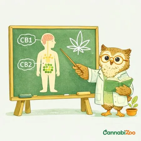 Le hibou sur le tableau montre que les récepteurs CB1 se trouvent principalement dans le cerveau et les récepteurs CB2 dans les tissus immunitaires ; le logo CannabiZoo est en bas à droite