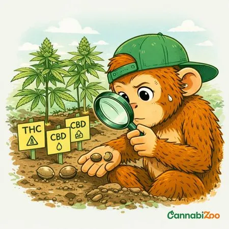 Ilustrovaná opica v klobúku skúma semienka konope bohaté na CBD cez zväčšovacie sklo; logo CannabiZoo je zobrazené vpravo dole