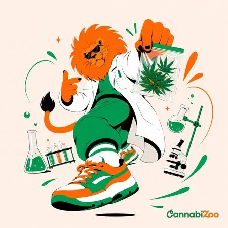 Egy tudós oroszlán, amely egy kannabiszmintát tart, illusztrálja a félszintetikus kannabinoid 10-OH-HHCP előállítását, eredetét és laboratóriumi kutatását a CannabiZoo univerzumban