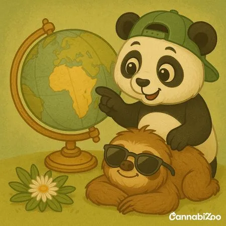 Panda points to southern Africa on the globe, where kanna originates, next to a sloth resting with sunglasses, bottom right white CannabiZoo logo