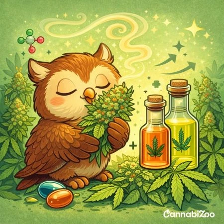 Crtić sova koja njuši biljku konoplje, pored su bočice terpena, a u donjem desnom kutu je logo CannabiZoo