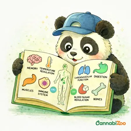 Le panda montre comment le système endocannabinoïde (SEC) agit dans le corps — ses effets sur la mémoire, l'immunité, la digestion, les muscles, et plus encore ; le logo CannabiZoo est affiché en bas à droite