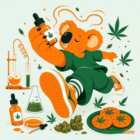 Illustration av en koala som håller en flaska med terpener med cannabisblommor och laboratorieutrustning, som representerar olika sätt att använda terpener i cannabisprodukter