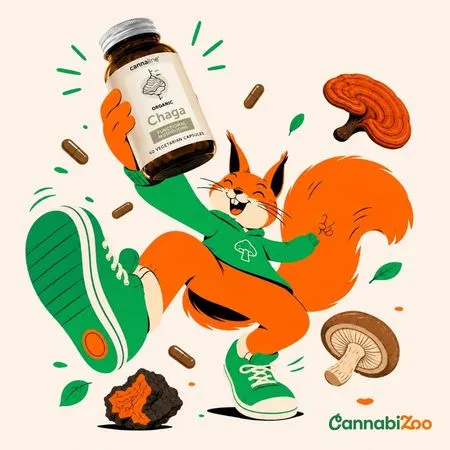 Veverka drží doplněk stravy s houbou chaga, oblíbenou medicinální houbou – ilustrace ve stylu CannabiZoo