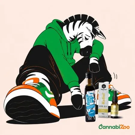 Ilustrirana tužna zebra, konopljino ulje naspram CBD ulja za anksioznost, uz logo CannabiZoo
