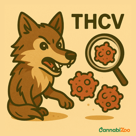 Un lup desen animat mârâie și alungă celulele canceroase, lângă el este textul THCV și în colț sigla CannabiZoo