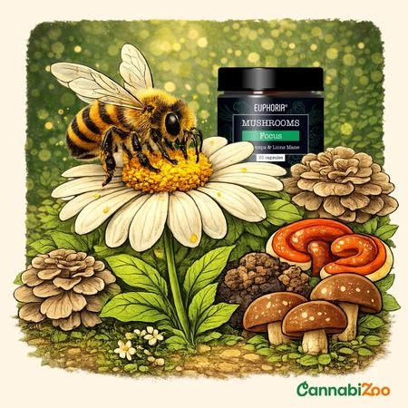 Une abeille dessinée pollinise une fleur, entourée de champignons médicinaux et de capsules Euphoria Mushroom Focus, avec le logo CannabiZoo en bas à droite