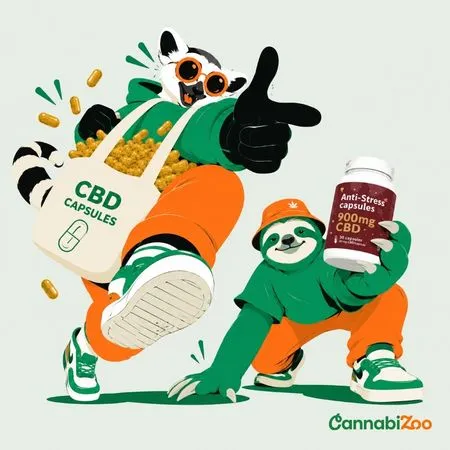 Egy maki egy teli zsák CBD kapszulával; egy lajhár Cannaline CBD Anti-Stress kapszulákat tart - 900 mg CBD; a CannabiZoo logó a jobb alsó sarokban van