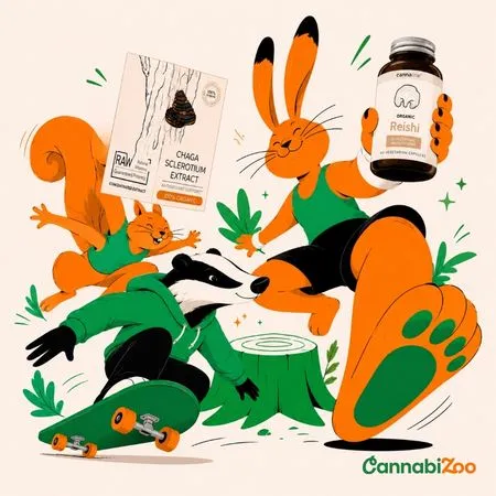Zajíc, liška a jezevec s produkty reishi a chaga – užívání medicinálních hub, ilustrace ve stylu CannabiZoo