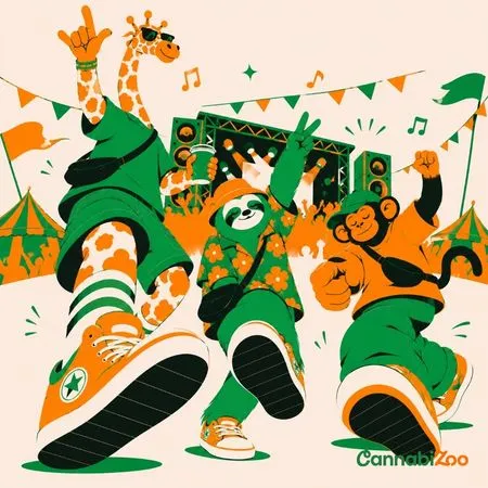 Ilustrație cu o girafă, un leneș și o maimuță dansând la un festival de muzică. Lucrarea surprinde atmosfera festivalului de vară și produsele naturale din cannabis pentru relaxare, energie și bunăstare pe parcursul festivalului