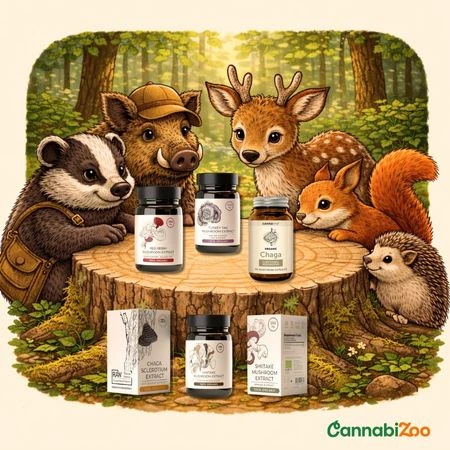 Des animaux dessinés regardent des produits de champignons médicinaux dans la forêt, logo CannabiZoo en bas à droite