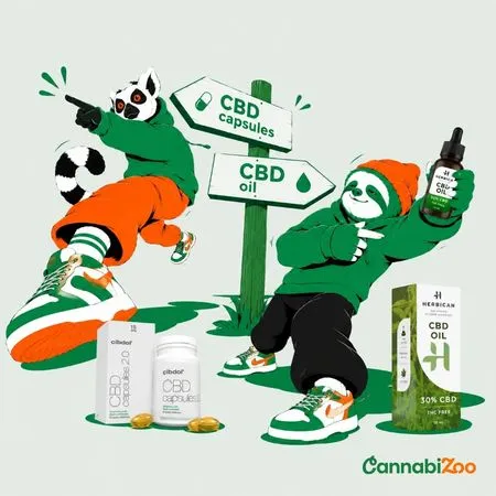 CBD kapszulák vs. CBD olaj: baloldalon állatok az erdőben CBD olajjal, jobbra állatok CBD kapszulákkal