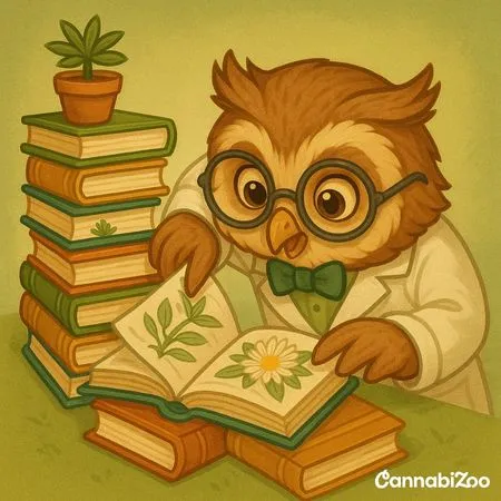 A cute owl examines a kanna plant next to a pile of books; botany, effects and research, CannabiZoo white logo at bottom right