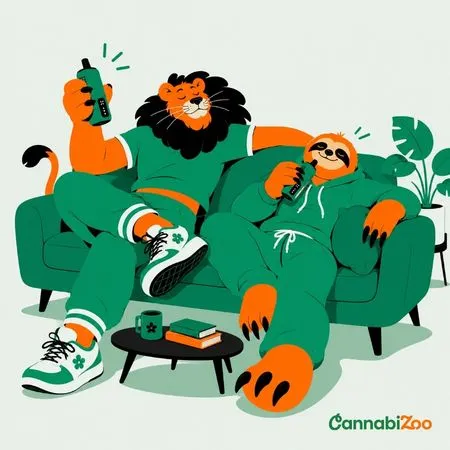 Ilustración al estilo CannabiZoo de un león y un perezoso relajándose en un sofá con vaporizadores, obra lúdica para una guía sobre elegir el vaporizador correcto para principiantes y usuarios experimentados.