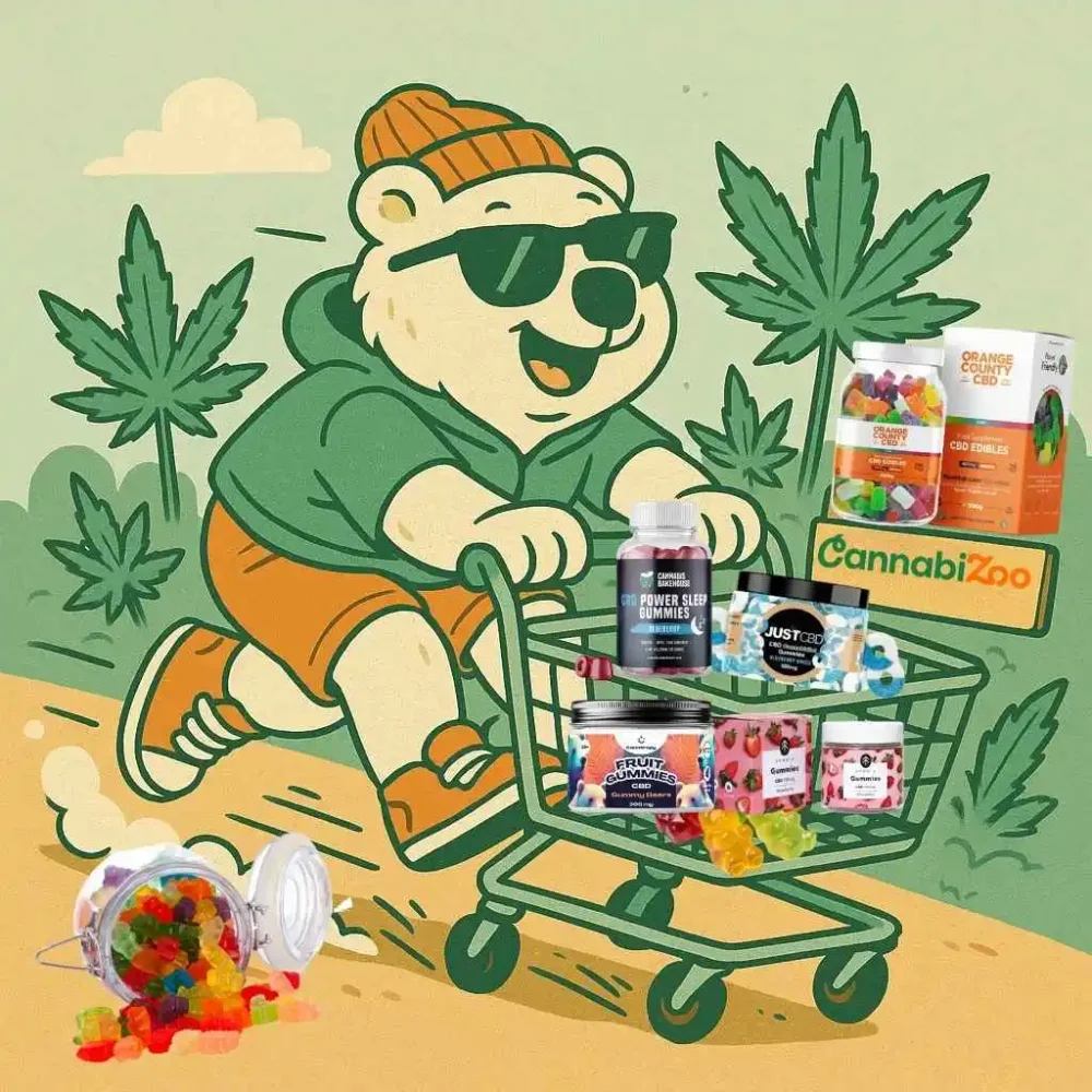Ilustrație cu un urs polar alergând cu un cărucior de cumpărături plin cu bomboane gumate cu CBD de la mărci precum Hemnia, Canntropy, JustCBD, CBD Orange County și CannabisBakehouse