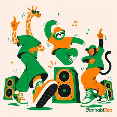 Ilustrație cu o girafă, un leneș și o maimuță dansând în fața boxelor la un festival de muzică de vară. Lucrarea reprezintă distracția de la festival și produsele naturale din cannabis pentru o experiență relaxată la festival