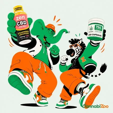 Ilustracija: dramblys su CBD gėrimu ir zebras su CBD kapsulėmis